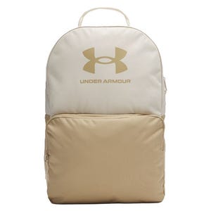 Under Armour backpack in beige and gold with a large front pocket and top handle.