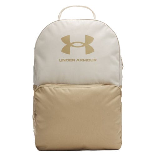 Under Armour backpack in beige and gold with a large front pocket and top handle.