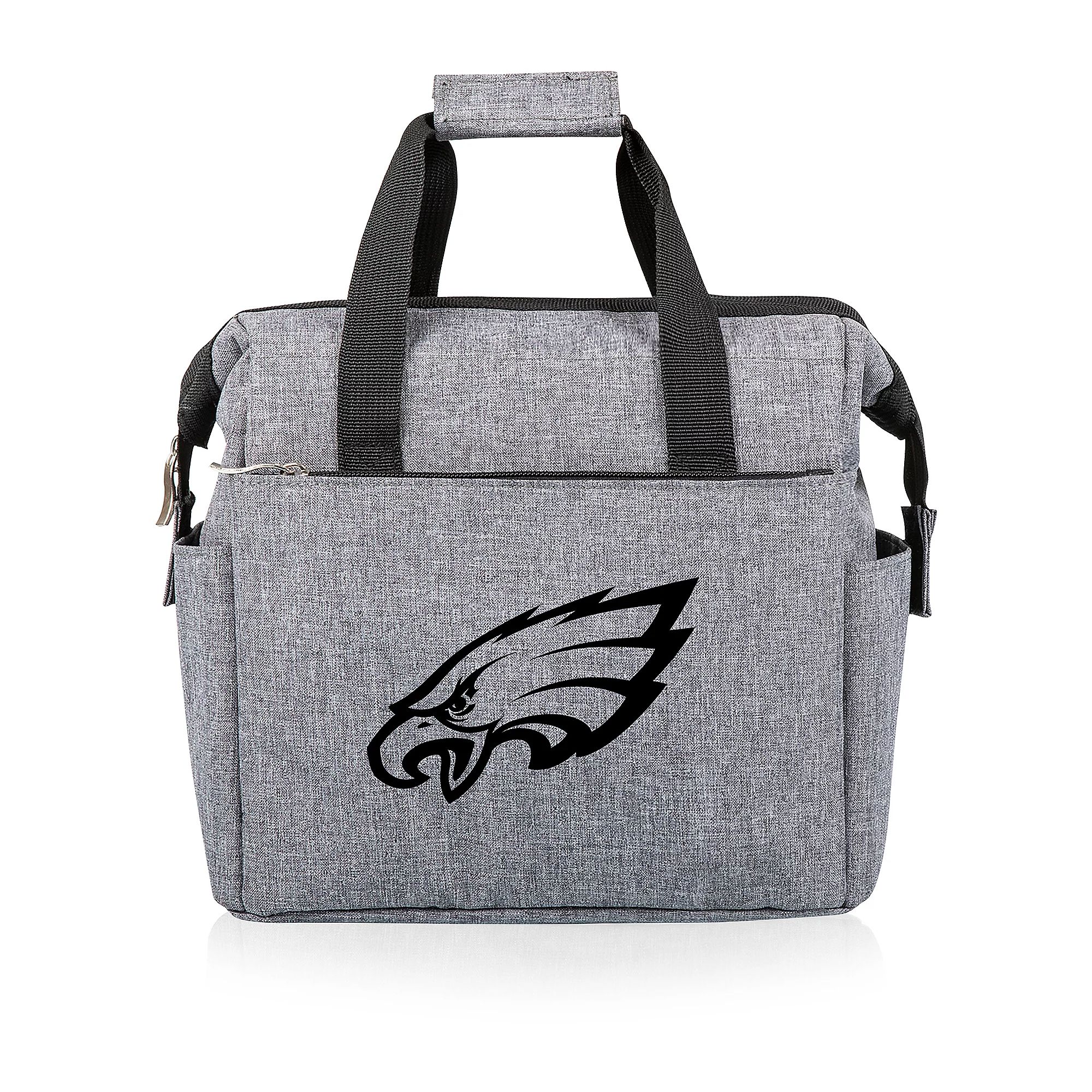 A gray lunch cooler featuring black handles and a bold black eagle logo on the front, resembling a sports team emblem. It includes additional side pockets and a top zipper for easy access.