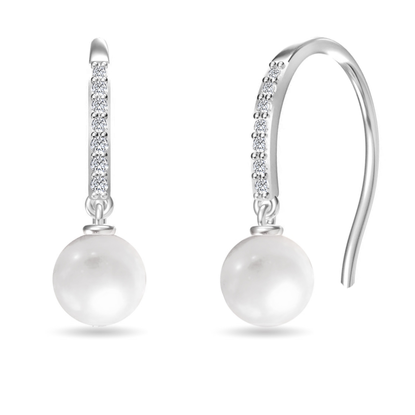 Elegant earrings with large pearls hanging from hooks adorned with small, sparkling stones.