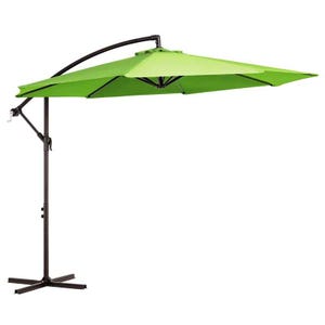 A green 10-foot cantilever patio umbrella with a metal stand features an adjustable crank mechanism and side pole, designed for outdoor use to provide shade.