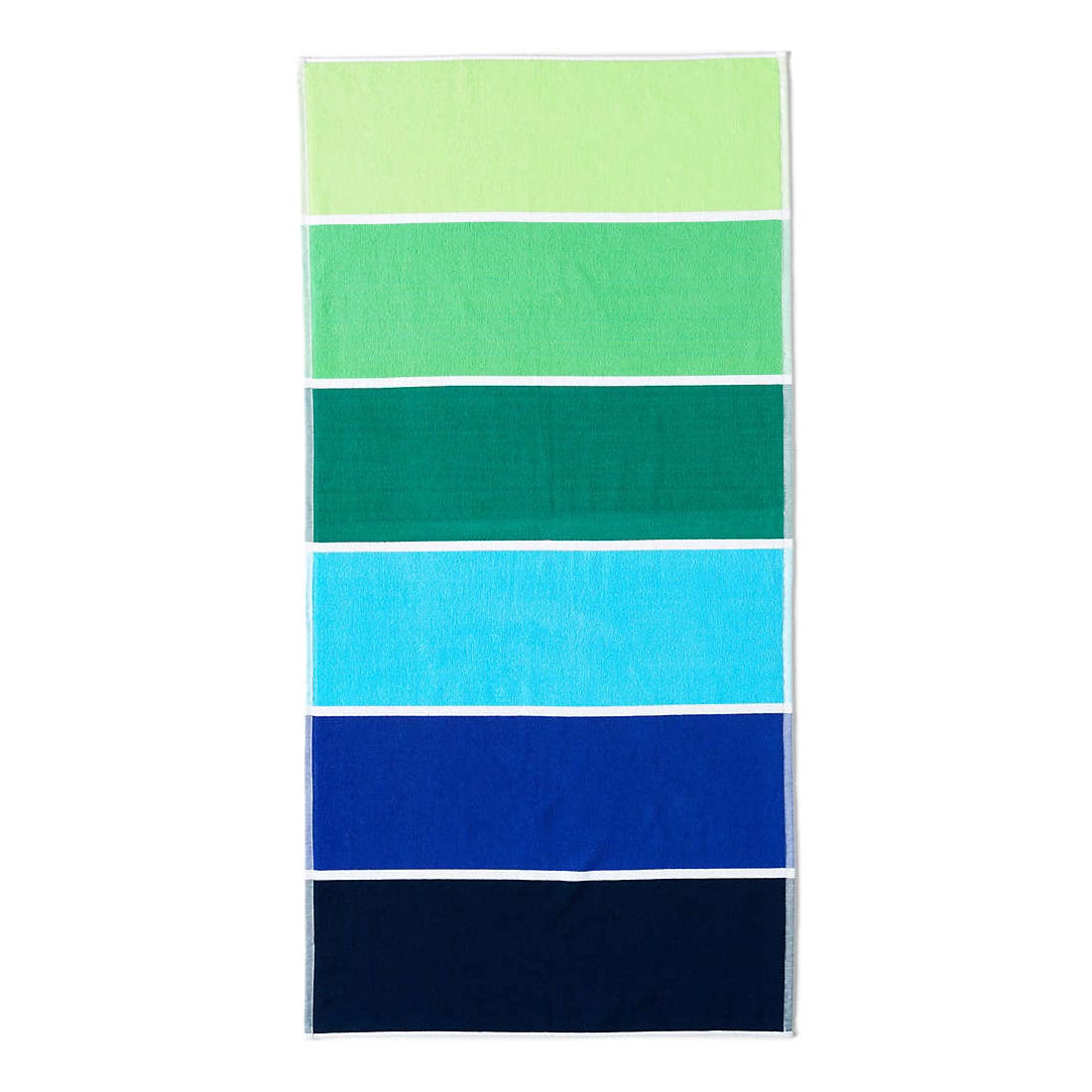 A towel featuring horizontal stripes in varying shades of green and blue, arranged from light green at the top to dark blue at the bottom.