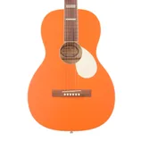 Orange acoustic guitar with a drop-shaped white pickguard, featuring six strings and a wooden bridge with white pins.