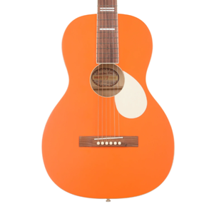 Orange acoustic guitar with a drop-shaped white pickguard, featuring six strings and a wooden bridge with white pins.