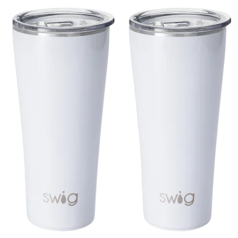 Two white insulated tumblers with clear lids, branded with \“swig\“.