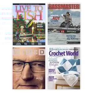 Four magazine covers: \“Live to Fish,\“ \“Bassmaster,\“ \“Wired,\“ and \“Crochet World.\“ Topics range from fishing and technology to crochet projects.