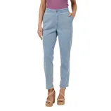 Light blue high-waisted jeans with an elastic waistband and front button, paired with a sleeveless purple top and tan wedge sandals.