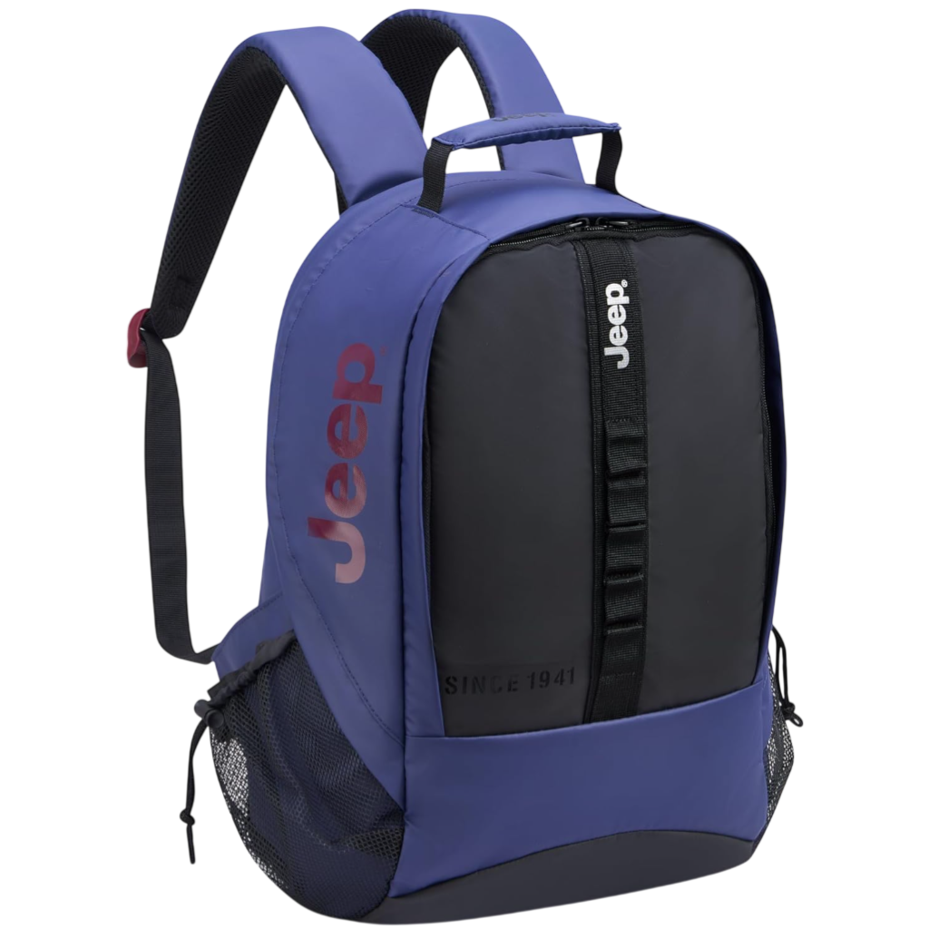 A blue and black Jeep backpack featuring the Jeep logo and \“Since 1941\“ text, with padded straps, multiple compartments, and side mesh pockets.