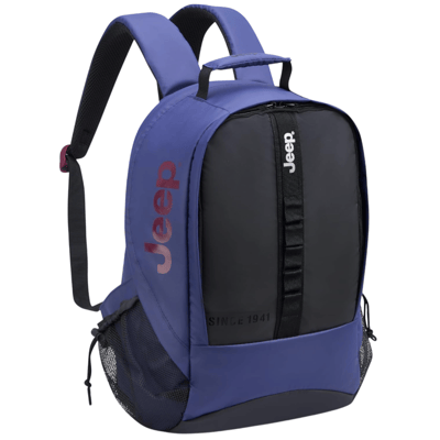 A blue and black Jeep backpack featuring the Jeep logo and \“Since 1941\“ text, with padded straps, multiple compartments, and side mesh pockets.