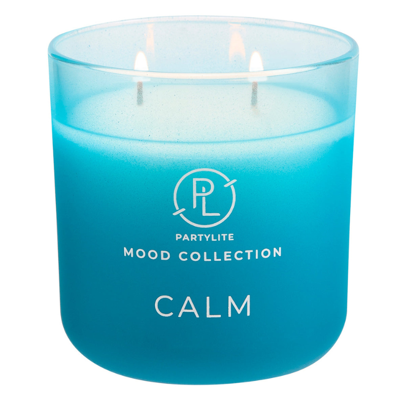 A turquoise ombre jar candle from Partylite's Mood Collection labeled \“Calm,\“ featuring a double wick design.