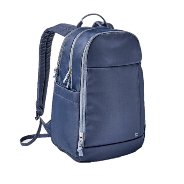 A blue backpack with multiple zippered compartments, side pockets, and padded straps.