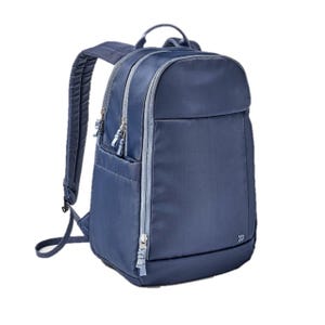 A blue backpack with multiple zippered compartments, side pockets, and padded straps.