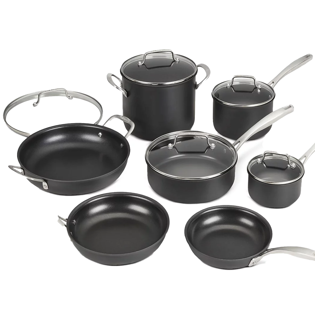 Cuisinart 12pc Hard-Anodized Cook Set includes a stockpot with lid, sauté pan with lid, saucepan with lid, small saucepan with lid, and three frying pans of different sizes, all featuring nonstick coating and stainless steel handles.