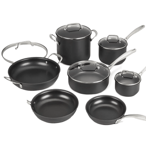 Cuisinart 12pc Hard-Anodized Cook Set includes a stockpot with lid, sauté pan with lid, saucepan with lid, small saucepan with lid, and three frying pans of different sizes, all featuring nonstick coating and stainless steel handles.