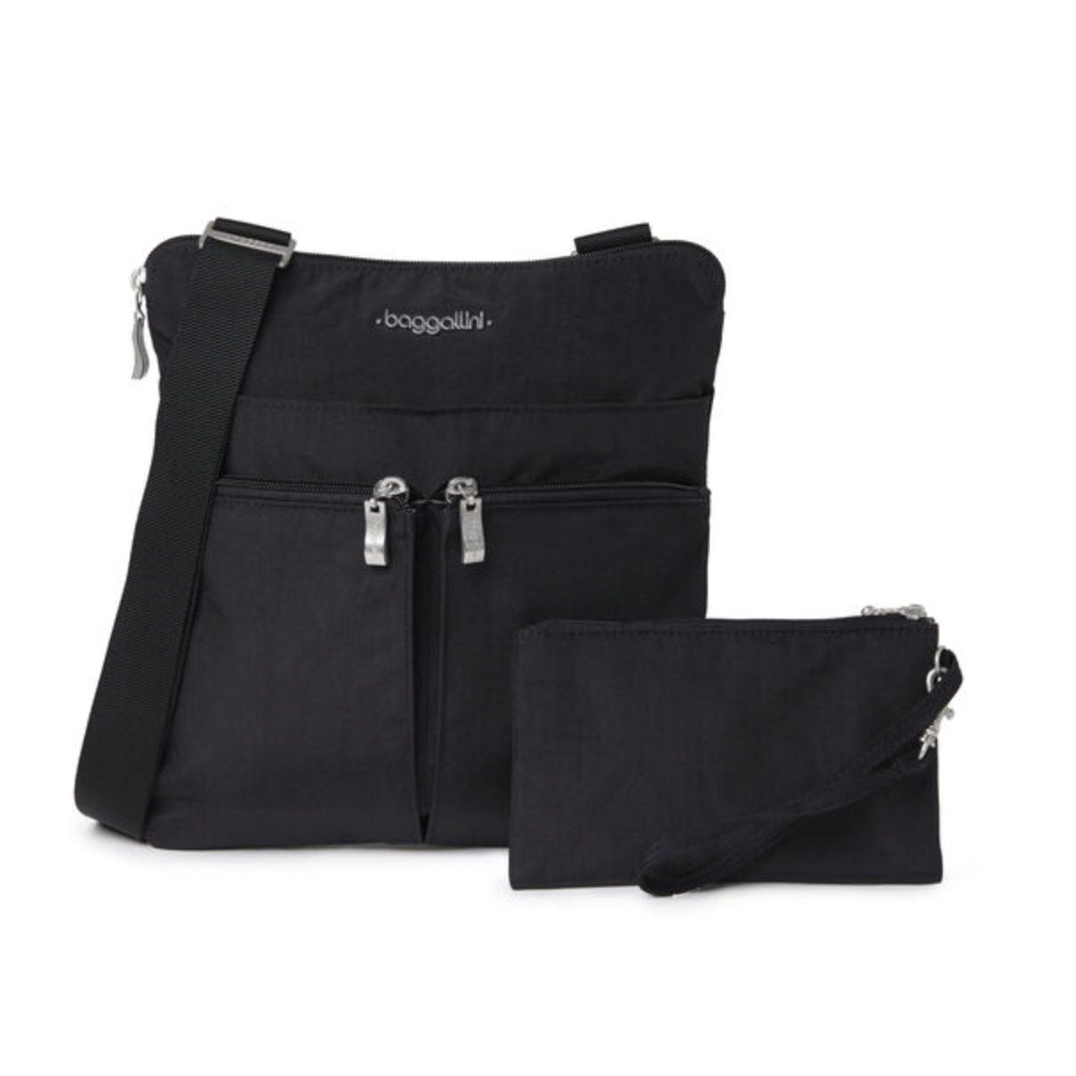 A black Baggallini crossbody bag with multiple zippered compartments and an adjustable strap, accompanied by a matching zippered pouch.