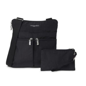 A black Baggallini crossbody bag with multiple zippered compartments and an adjustable strap, accompanied by a matching zippered pouch.