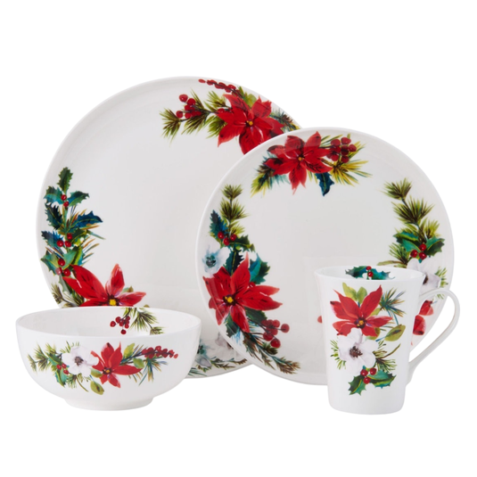 A set of white dinnerware featuring a holiday motif with red poinsettias, green holly leaves, and pine branches, including a dinner plate, salad plate, bowl, and mug.