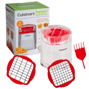 Cuisinart PrepExpress French Fry Cutter with interchangeable blades and a cleaning tool, shown with packaging.