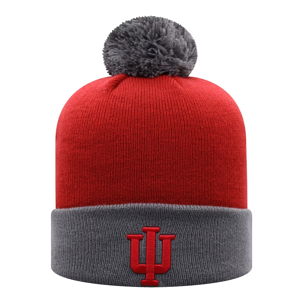 A red and gray beanie with a pom-pom on top, featuring the Indiana University logo on the folded cuff.