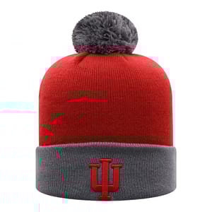 A red and gray beanie with a pom-pom on top, featuring the Indiana University logo on the folded cuff.