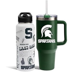 Two Michigan State University Spartans-themed drink containers, one is a white water bottle with black graphics and the other a green travel mug with a handle and straw, both featuring the Spartans logo.