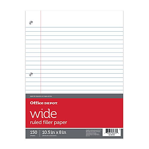 A pack of wide ruled filler paper with 150 sheets, measuring 10.5x8 inches.