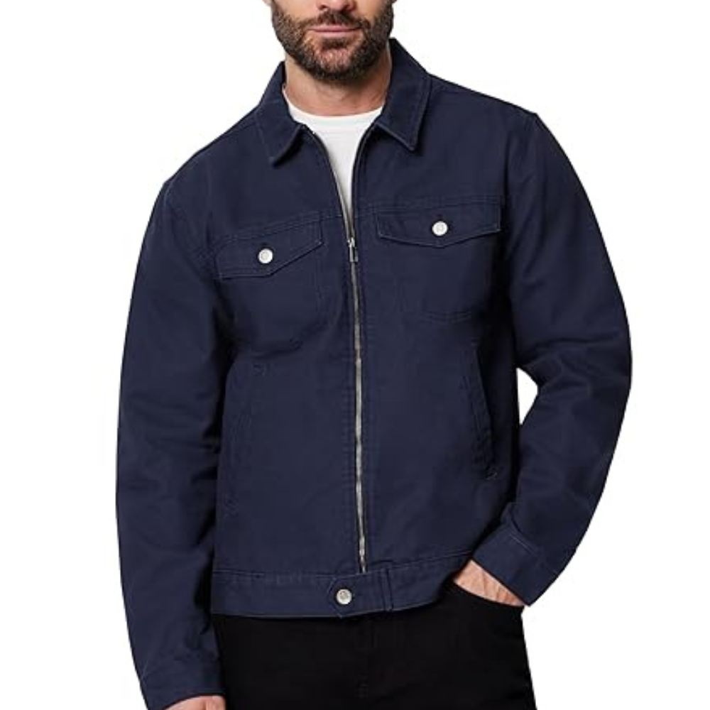 A navy blue zip-up jacket featuring a classic collar, front flap pockets with button closures, and a casual style.
