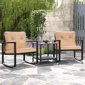 A 3-piece patio set featuring two rocking chairs with beige cushions and a small glass-topped side table. The chairs have a black woven frame, and the table includes a lower shelf.