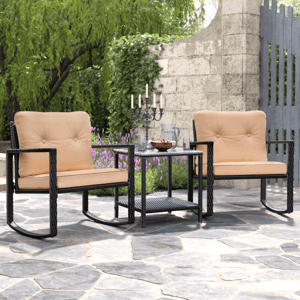 A 3-piece patio set featuring two rocking chairs with beige cushions and a small glass-topped side table. The chairs have a black woven frame, and the table includes a lower shelf.
