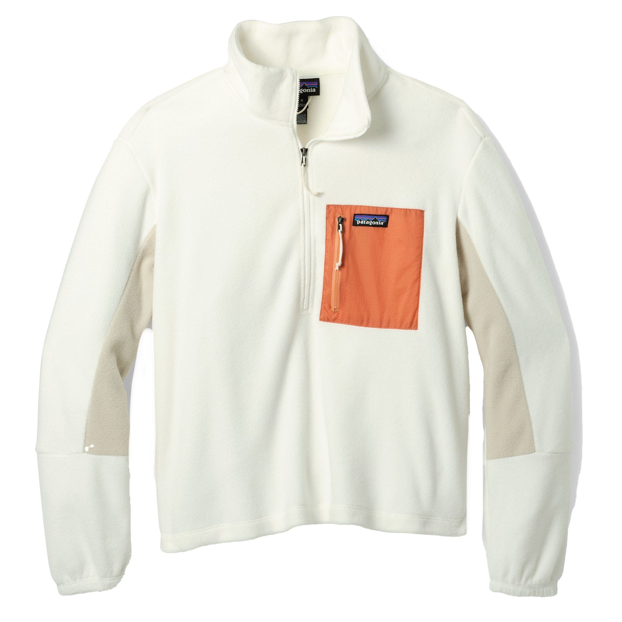 White fleece pullover with a front zip, featuring an orange chest pocket and beige accents on the sleeves.
