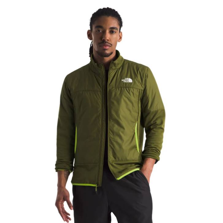 Olive green North Face running jacket with a full front zipper, high collar, and white logo on the chest. It features neon green accents at the sides and hem for a sporty look.