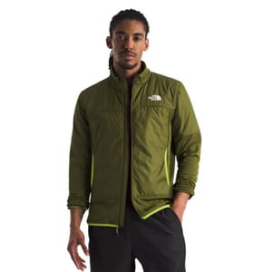 Olive green North Face running jacket with a full front zipper, high collar, and white logo on the chest. It features neon green accents at the sides and hem for a sporty look.