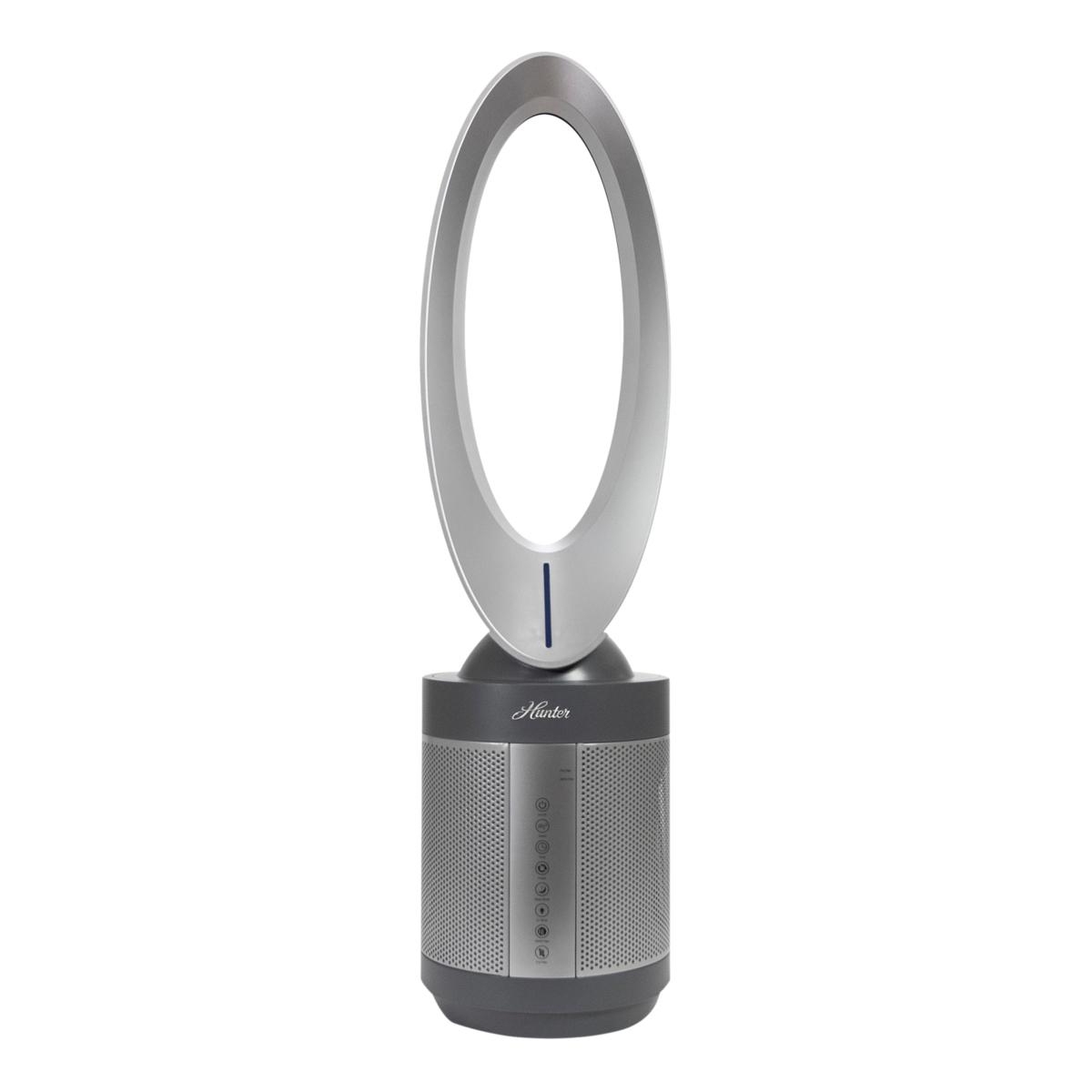 Hunter Bladeless Air Purifier Fan features a sleek oval design with a cylindrical base that serves as a control panel and purifier.