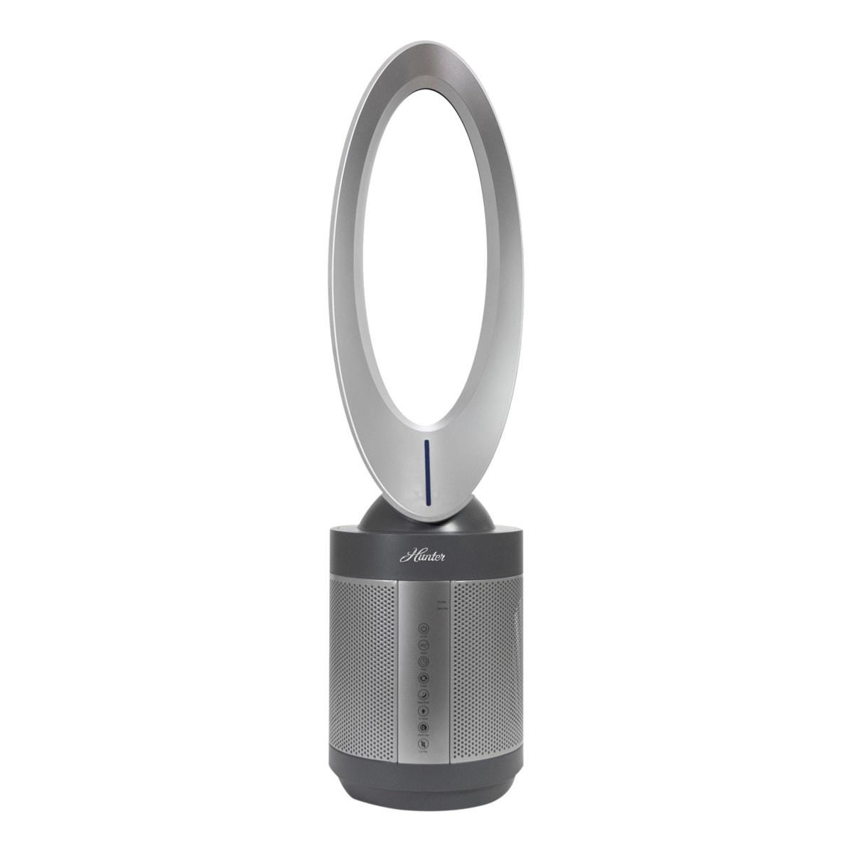 Hunter Bladeless Air Purifier Fan features a sleek oval design with a cylindrical base that serves as a control panel and purifier.