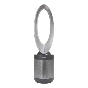 Hunter Bladeless Air Purifier Fan features a sleek oval design with a cylindrical base that serves as a control panel and purifier.