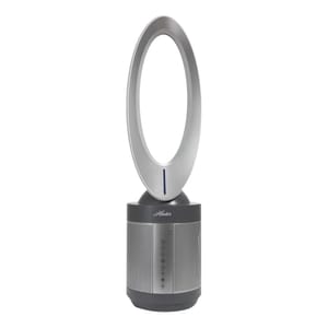 Hunter Bladeless Air Purifier Fan features a sleek oval design with a cylindrical base that serves as a control panel and purifier.