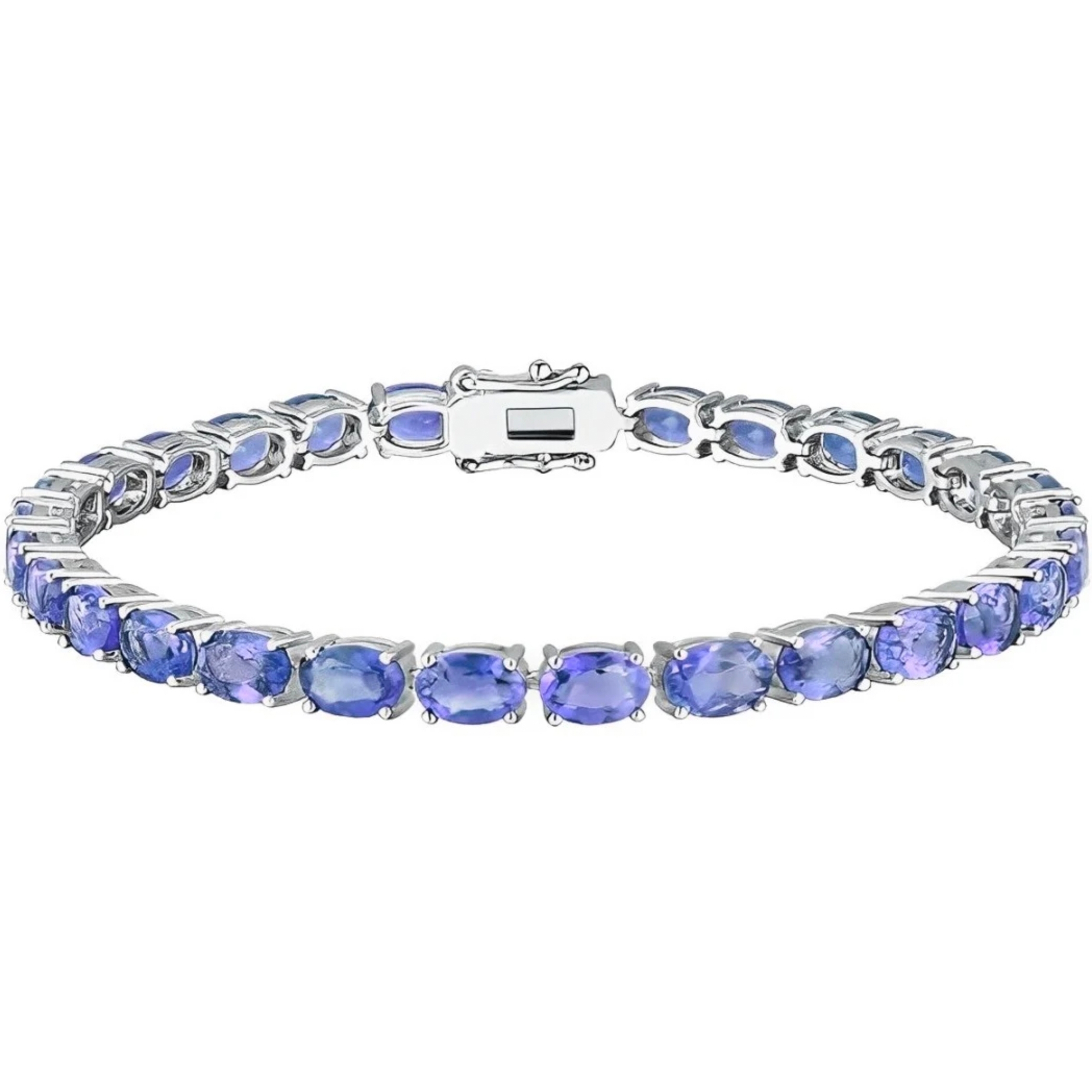 Silver bracelet with oval-cut blue gemstones, featuring a box clasp closure.