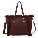 Brown tote bag with faux fur trim, featuring dual handles and a detachable shoulder strap.