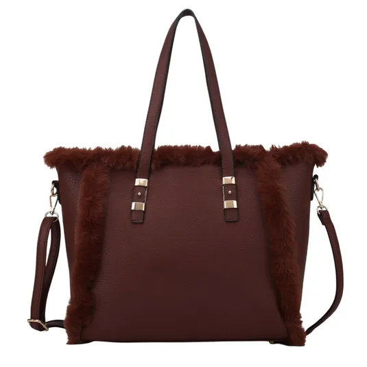 Brown tote bag with faux fur trim, featuring dual handles and a detachable shoulder strap.