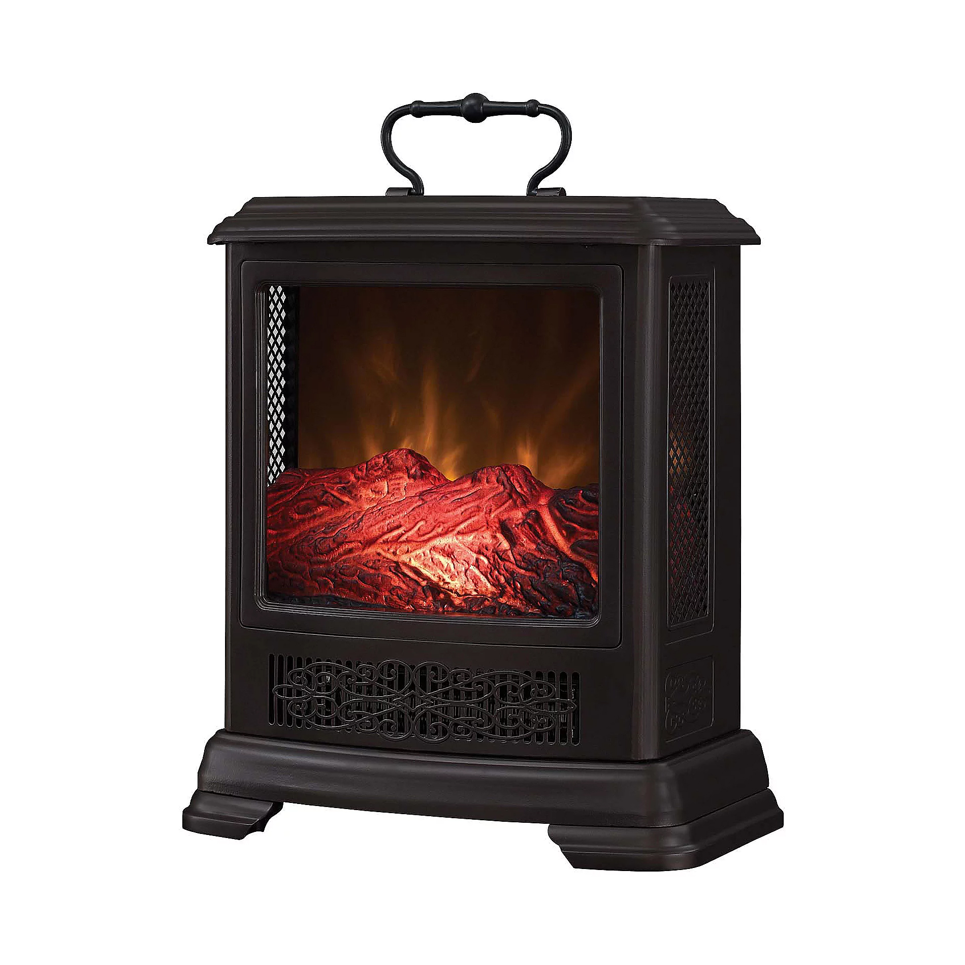 Duraflame Portable Heater features a classic stove design with a black finish, a carrying handle, and a realistic 3D flame effect. It provides zone heating and can be easily moved to different locations.