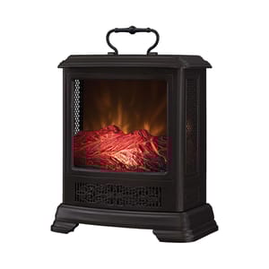 Duraflame Portable Heater features a classic stove design with a black finish, a carrying handle, and a realistic 3D flame effect. It provides zone heating and can be easily moved to different locations.