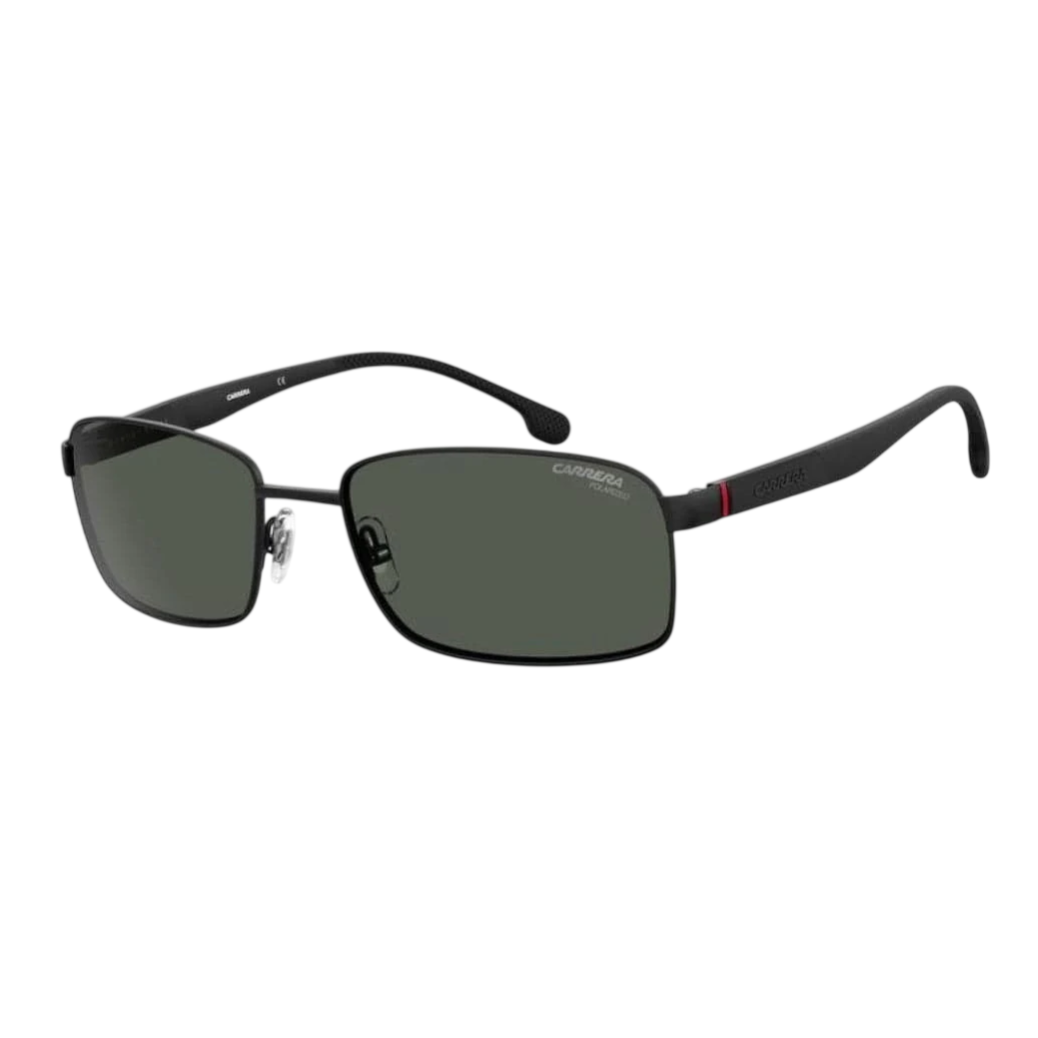 Black rectangular sunglasses with a thin metal frame, featuring green lenses and adjustable nose pads. The brand name \“CARRERA\“ is visible on the lens and arm.