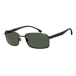 Black rectangular sunglasses with a thin metal frame, featuring green lenses and adjustable nose pads. The brand name \“CARRERA\“ is visible on the lens and arm.