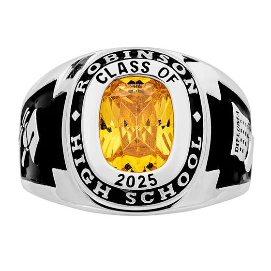 A silver and black high school class ring featuring a large yellow gemstone. It has \“Robinson High School Class of 2025\“ engraved around the stone.