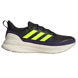 Adidas running shoe with a black, purple, and neon yellow color scheme, featuring a water-repellent finish and a textured sole for grip.