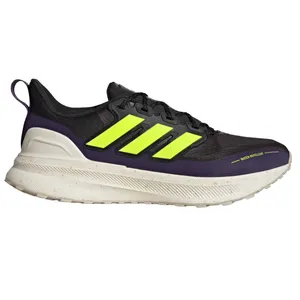 Adidas running shoe with a black, purple, and neon yellow color scheme, featuring a water-repellent finish and a textured sole for grip.