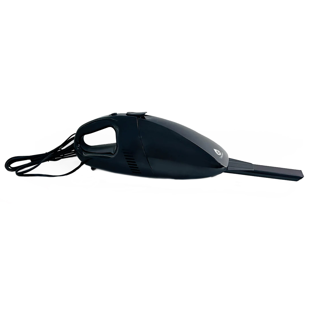 A compact, handheld car vacuum cleaner with a sleek black design, featuring a long nozzle tip for reaching tight spaces and a cord for power connection.