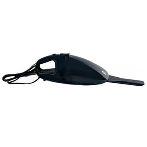 A compact, handheld car vacuum cleaner with a sleek black design, featuring a long nozzle tip for reaching tight spaces and a cord for power connection.