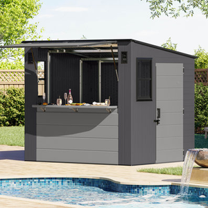 A modern outdoor bar shed with a windowed side, retractable serving counter, and surrounded by a pool setting.