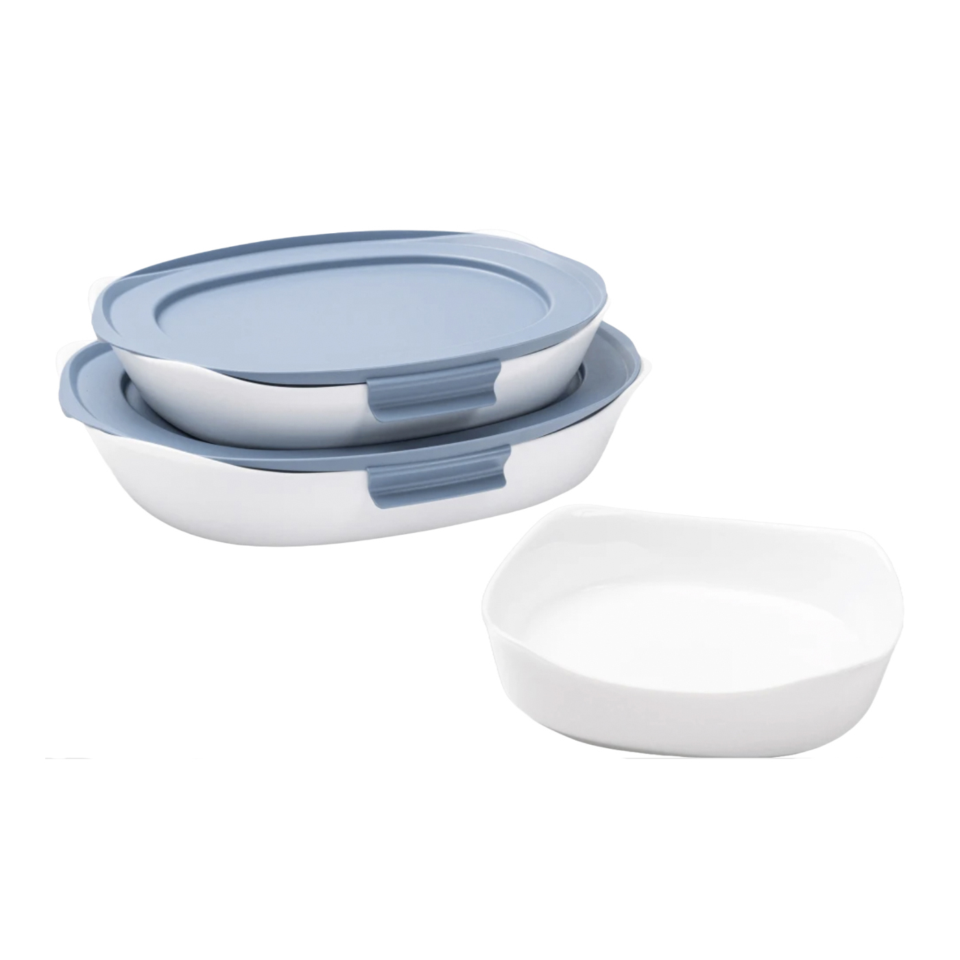 5pc Rubbermaid Glass Bake Set includes stackable white glass baking dishes with light blue lids. The set is designed for baking, serving, and storing food efficiently.